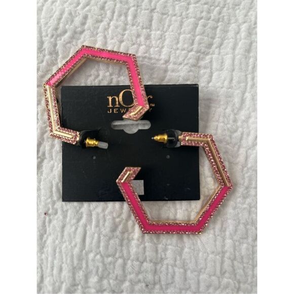 Noir Pink Gold Rhinestone Hoop Earrings NEW NWT - Picture 3 of 3